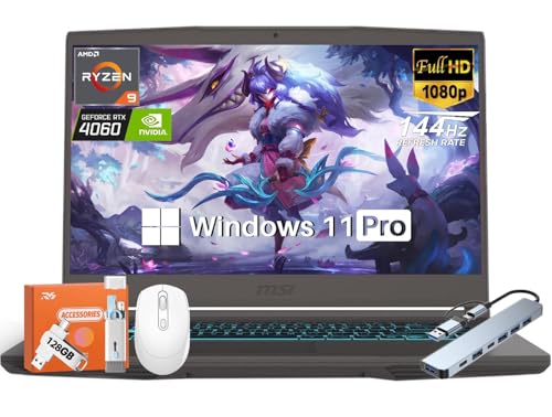 Image of MSI Thin 15 Gaming Laptop, AMD Ryzen 9 8945HS (Beat i9-13900H, Up to 5.2GHz), NVIDIA RTX 4060 8GB GDDR6, 15.6 inch 144Hz IPS Display, 64 GB DDR5, 1 TB SSD, Win 11 Pro, Long Battery Life, w /Accessories