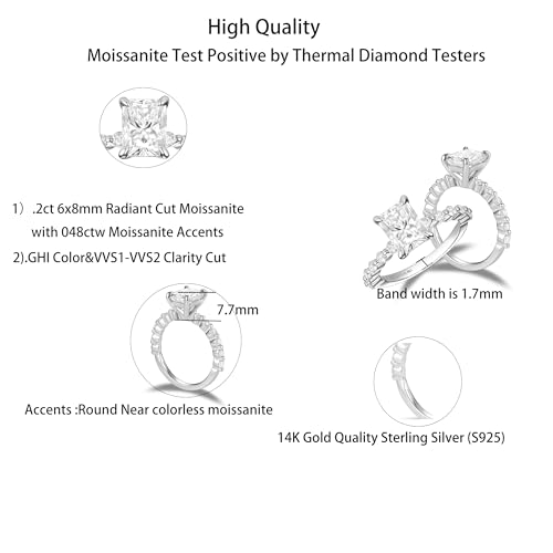 DovEggs Moissanite Engagement Rings for Women,Moissanite Rings, Center 2ct G-H-I Color Radiant Cut Moissanite Engagement Rings Anniversary Wedding Ring Accents 14K Gold Quality Sterling Silver2