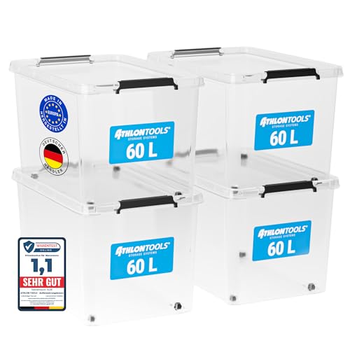 ATHLON TOOLS 4er Set 60l Aufbewahrungsboxen mit Deckel - BPA-freie & lebensmittelechte Aufbewahrungsbox mit Verschlussclips - 100% Neumaterial - Plastikbox transparent - Stapelbare Kunstoff Box