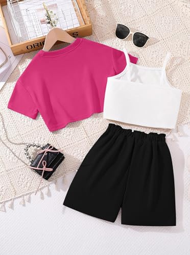Image of Girl's Summer 3 Piece Outfits Graphic Short Sleeve Crop Top Cami and Shorts Clothes Set Black Pink 11-12Y