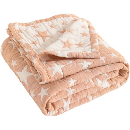 Image of NTBAY 3 Layer Toddler Blanket, Muslin Cotton Jacquard Bed Blankets, Lightweight Thermal Baby Blanket, Super Soft and Warm Crib Blanket for All Seasons, Decoration Gift, 45"x60", Pale Orange Star