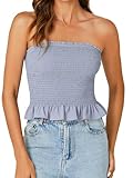 LYANER Women's Smocked Tube Tops Sleeveless Strapless Stretch Bustier Bandeau Crop Top Light Blue X-Large