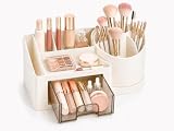 minimaliving Minimalist Makeup Organiser with Drawer,Chic Cosmetic 360° Rotating Makeup Storage & Aesthetic Desk Tidy,Multi-Compartment Makeup Brush Holder for Vanity,Desktop,Bathroom(White)