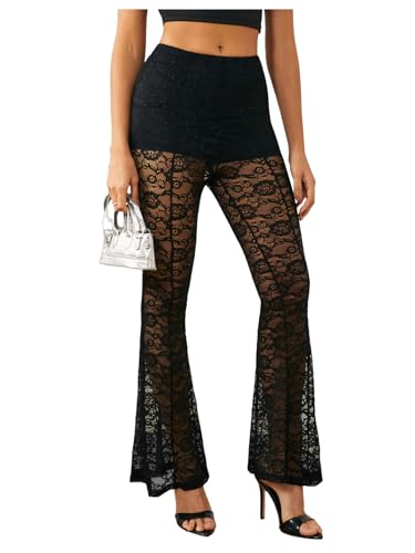 WDIRARA Women's Sexy Lace Mesh Flare Bell Bottom Pants Elastic Waist See Through Pants Stretchy Trousers