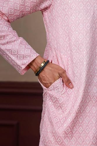 Image of LookMark Men's Printed Silk Blend Kurta with Mandarin Collar, Full Sleeves, Straight Fit Traditional Ethnic Wear