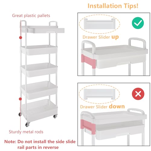 Image of Calmootey 5-Tier Utility Cart with Drawer & Wheels, Storage for Home,Office | Space-Saving Organizer, Sturdy Plastic Shelves, Smooth-Rolling Metal Wheels, Built-in Drawer for Small Items, White