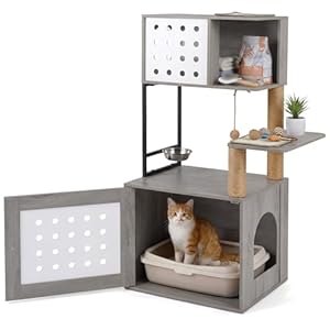 COSTWAY Kratzbaum mit Katzenklo Schrank, Katzenschrank für Katzentoilette, Katzenhaus Holz, Katzenkratzbaum mit Futterstation, Sisalpfosten, Kratzmatten & Eingang, Katzenbaum Katzen (Grau)