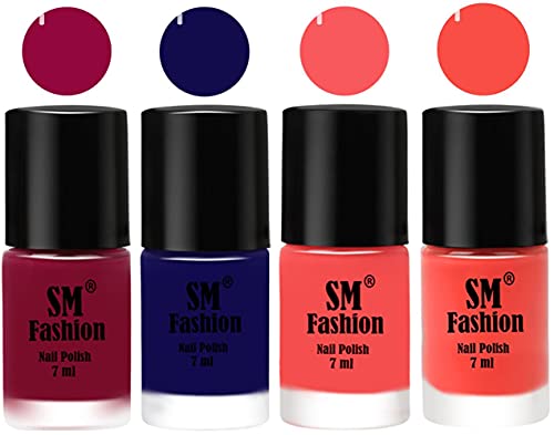 Image of Nail Polish Combo Set (Pack of 4) Quick Dry Gel Finish Nail Paint | Cherry Blossom,Dark Blue,Light Pink,Coral | 7 ml Each