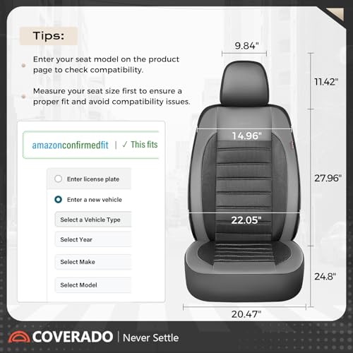 Image of Coverado Car Seat Covers Front Seats, Luxury Leather Car Seat Covers, Automotive Mesh Seat Covers 2 Pack, Airbag-Compatible, Black Gray Seat Covers for SUV Sedan Truck