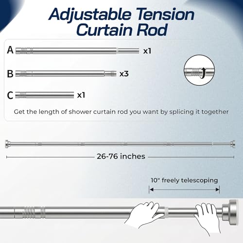 Adjustable Shower Curtain Rod 26–78 Inch – No Drill Spring Tension Rod, Rust-Resistant Stainless Steel, Non-Slip Telescopic shower Rod for Bathroom, Window, Closet, Bedroom (Silver) - Thumbnail 7