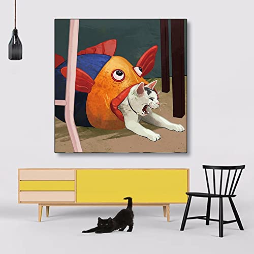 Cartoon Grappige Kat Vis Canvas Schilderij Muur Kunst Foto’s Dieren Posters en Prints voor Kinderkamer Huisdecoratie…