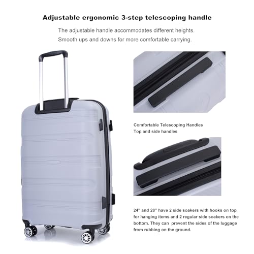 Hardshell Suitcase Spinner Wheels PP Luggage Sets Lightweight Durable Suitcase with TSA Lock,3-Piece Set (20/24/28),Silver4