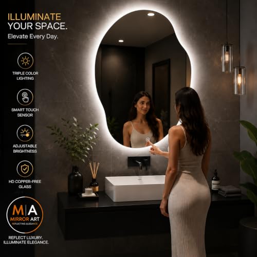 Image of MIRROR ART Irregular LED Wall Mirror 24x17 Inch - Dimmable Backlit Light, Touch Sensor - Modern Bathroom Vanity & Home Decor Mirror