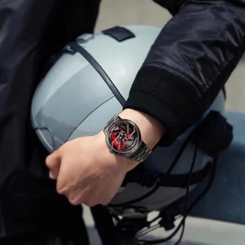 Image of FANMIS Men's Racing Car Wheel Watch 3D Spinning Dial Stainless Steel Watch | Creative 3D Spinning Car Quartz Large Skeleton Face and 30M Water Resistance Designed for Car Fans and Daily Wear.