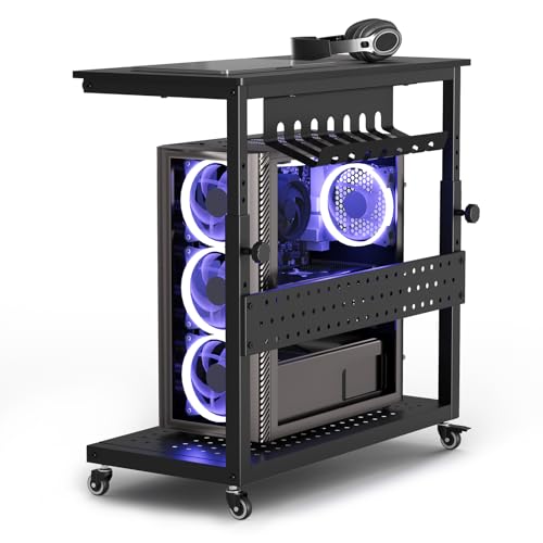 Computer Tower Stand, 11 Level Height Adjustable PC Stand with Line Storage Rack, Mobile Rolling CPU Holder Cart for Gaming Office Home (Black)