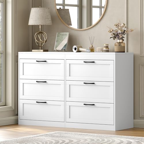 Furniouse White Dresser with 6 Drawers Modern Wood Dresser for Be...