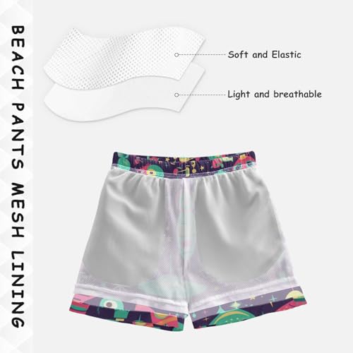 UFO Aliens Rockets Cartoon Purple Bathing Suit for Boy Youth Teen Beach Shorts Lightweight with Pocket Swimwear 2T4