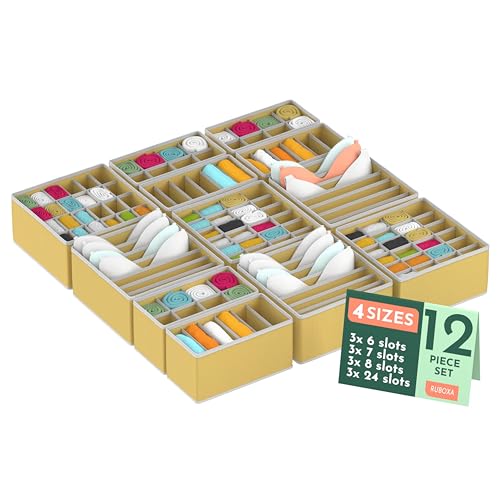 Dresser Organizer, [12 Pk] Beige Fabric Dresser Drawer Organizers (4 Sizes With 90 Slots) Foldable Underwear Drawer Organizer Breathable Bins for Bra, Lingerie, Socks, Scarves, Belt, Tie, Baby Clothes