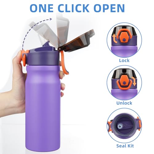 Image of BJPKPK 18 oz Water Bottle with Straw & Handle, Insulated Stainless Flask | Leak Proof Locking Lid, Thermal, Double Wall Vacuum, Keeps Hot /Cold, BPA Free, Dishwasher Safe, Travel & Sports, Purple