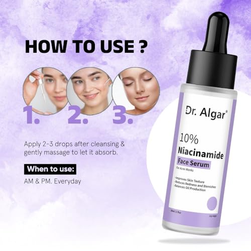 Image of Dr. Algar 10% Niacinamide Face Serum for Acne Marks, Blemishes & Dark Spots | Oil Control | Brightens & Evens Skin Tone | Suitable for All Skin Types | for Women & Men | 30 ml