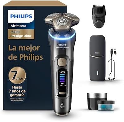 Philips i9000 Prestige Ultra, Afeitadora Eléctrica Hombre, Máquina de Afeitar Barba en Seco y Mojado, Tecnología SkinIQ Pro, Recargable, Centro de limpieza, Recortador, Estuche de Carga UV, XP9402/46