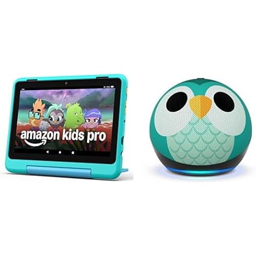 Amazon Entertainment Bundle Including Fire HD8 Kids Pro Tablet (32GB, Hello Teal) + Echo Dot Kids (Owl)