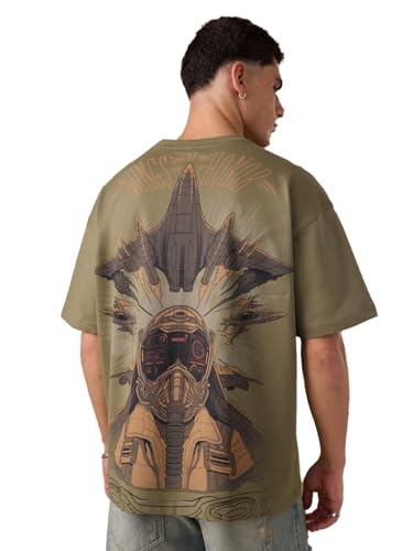 Image of The Souled Store Freedom: Wings of Honour Men and Boys Short Sleeves Round Neck Green Graphic Printed Heavy Gauge Fabric Oversized T-Shirt