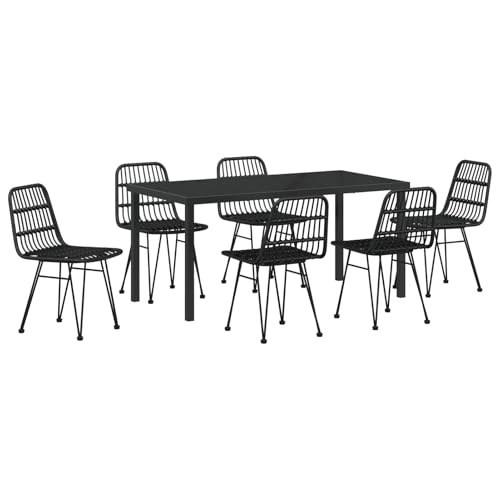 Homgoday Conjunto de comedor de jardín de 7 piezas, polirratán, negro, con sillón, modelo 3379202
