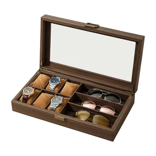 Sxmrmnx Organizador de caja de reloj, soporte de reloj de mesa marrón con exhibición de joyas, caja de almacenamiento de joyas de madera, caja de almacenamiento de mesita de noche