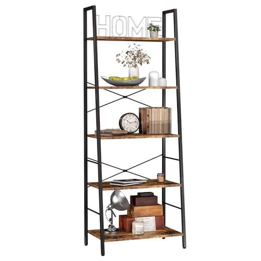 Yusong Bookshelf, Ladder Shelf 5-Tier Bookcase for Bedroom, Industrial Book Shelves Storage Rack with Metal Frame for Home Office, Rustic Brown