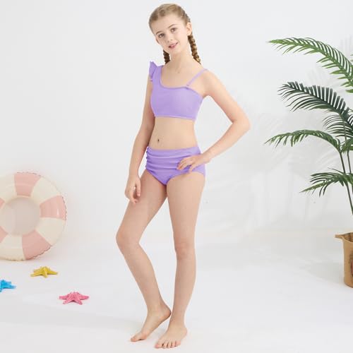 Girls Swimsuits Bathing Suits 2 Piece Bikini Set Kids Ruffled Solid Color Adjustable Strap Girls' Swimwear 7-14T2