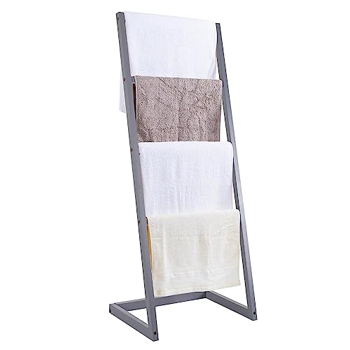 Vencier Bamboo Freestanding Towel Rack Drying Stand with Four Hanging Rails Wooden Bathroom Clothes Rack Clothing & Towels Freestanding Holder (Grey)