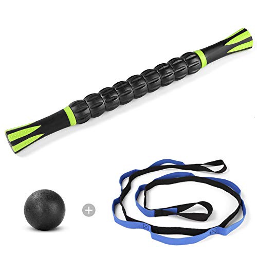 Odoland 3-in-1 18'' Muscle Roller Stick Set with Massage Ball and Stretching Strap, Top Choice Muscle Roller Tools for Massage, Physical Therapy and Body Recovery
