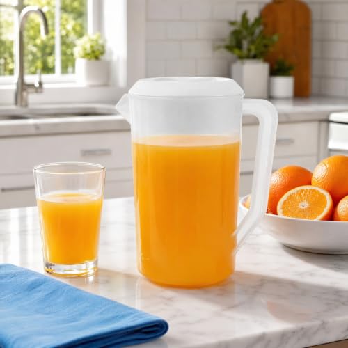 Image of Housoutil 2.5L Plastic Beverage Pitcher Jug with Lid with Measurements | For mixing iced tea and juices ideal for family poolside parties with tight lid and clear scale markings