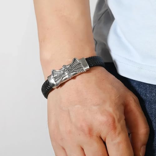 Image of THE MEN THING Leather Bracelet for Men - American Style Genuine Leather Multi-Layer Braided Bracelet with 100% Stainless Steel Magnetic Buckle for Men & Boys (8 inch)