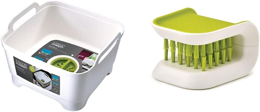 Joseph Joseph 85055 Wash & Drain Wash Basin Dishpan, White & BladeBrush Knife and Cutlery Cleaner Brush Bristle Scrub Kitchen Washing Non-Slip, One Size, Green