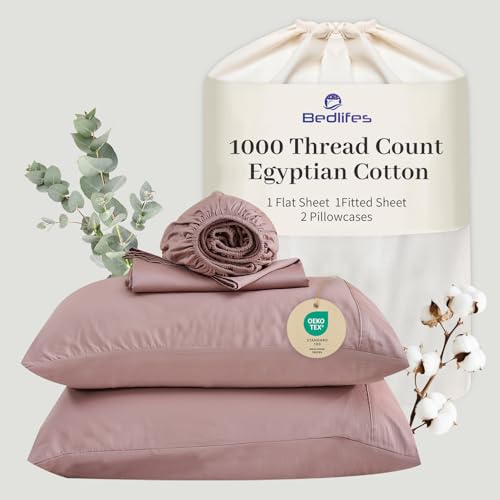Image of Bedlifes 1000TC Egyptian Cotton King Sheets, 4Pcs, 16 inch Deep Pocket | Cooling & Breathable, Ultra Soft, Hotel Comfort, Sateen Weave, OEKO-TEX Certified, Easy-Care Machine Washable