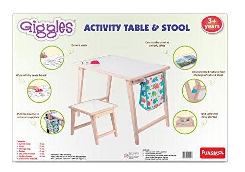 Image of Giggles Nico The Giraffe, Yellow & Giggles - 9924300 Activity Table & Stool, Foldable Wooden Study Set with Storage Bag and White Board
