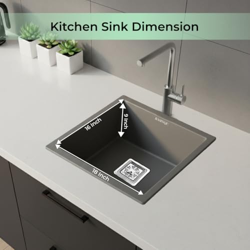 Image of BASINQU Quartz Sink for Kitchen | 18x16x9 Inches Grey Single Bowl Kitchen Sink | Granite UV Protected, Granite Scratch Resistant, Undermount /Topmount