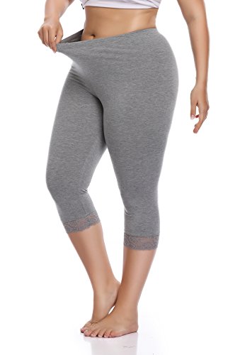 Women's Plus Size Capri Cropped Leggings Stretch Lace Trim Soft Tights Pants, Grey