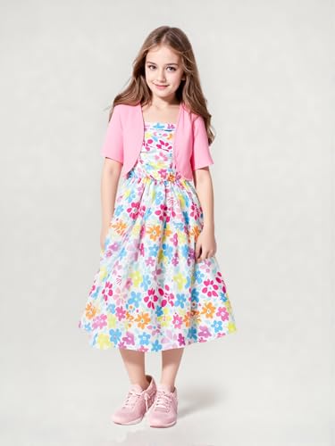 IFFEI Girls Summer Dress Sleeveless Floral Print Tiered Midi Dress Two Piece Set with Cardigan3