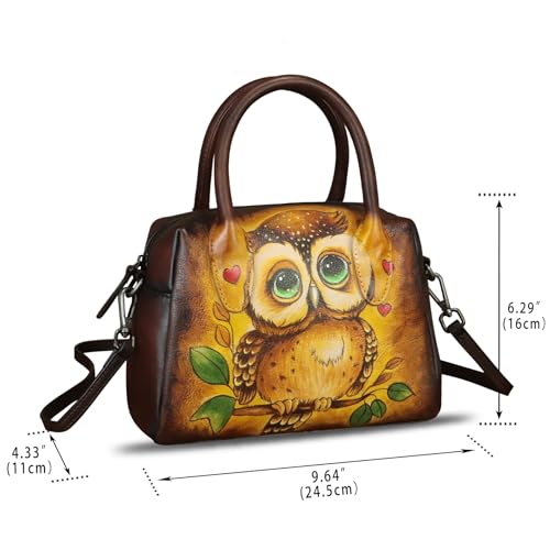 Image of Genuine Leather Handbag for Women Hand Painted Top Handle Purse Retro Handmade Satchel Vintage Crossbody Hobo Bag