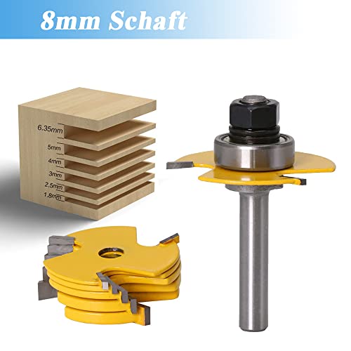 Foto von Mesee 6 Stück T-Nutfräser-Set, 8mm Schaft Stapelbare Verstellbare Scheibennutfräser, T-Track Slotting Fräser Router Bit Set, Scheibennutfräser Holzschneider Werkzeug für Graviermaschine Trimmmaschine