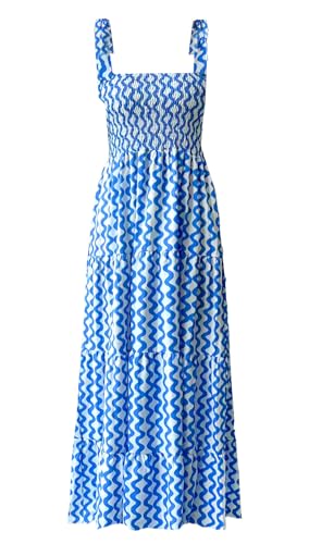 Image of kinstell Women's Summer Boho Spaghetti Strap Square Neck Ruffle Casual Flowy Long Dress Beach Swing Party Maxi Dress