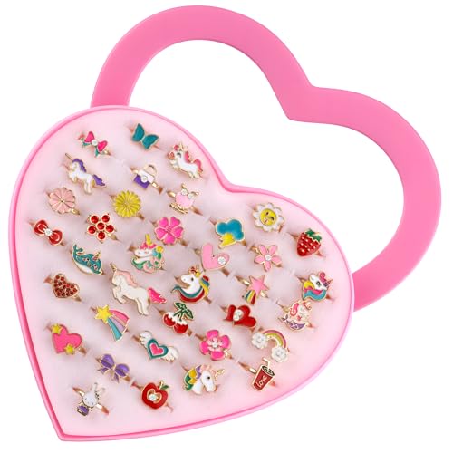 Foydream 36 Stück Kinderringe Mädchen, Schmuck Verstellbare Ringe für Einhorn, Kinderringe Mädchen mit Herzform Vitrine Perfekt für Kinder Geburtstag Party Favors