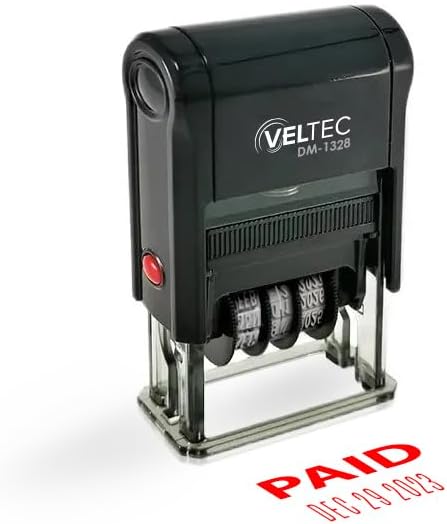 Miniatura 2 de Veltec Sello de fecha de goma autoentintado con frase y fecha (rojo, pagado)