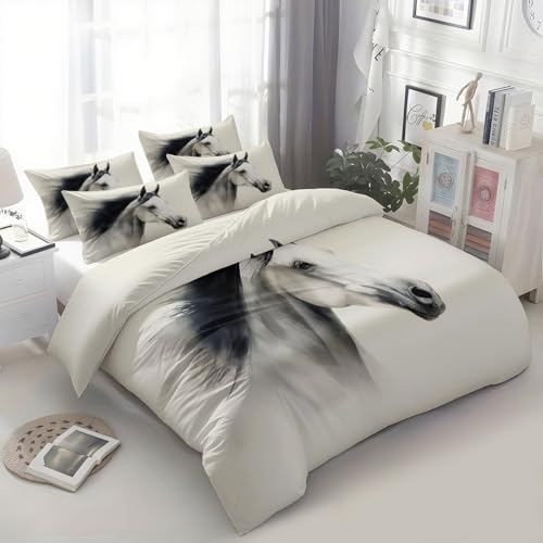 Srigzcaly Juego de ropa de cama de 155 x 220 cm con diseño de caballo blanco, minimalista de animales, de microfibra suave, transpirable y antialérgica, con cremallera
