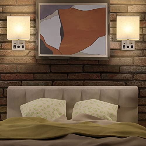 Image of BTY Modern Wall Sconces Set of 2, Wall Lamps Bedroom Plug in with USB Charging Ports AC Socket Sconces Wall Lighting for Living Room Hallway, Silver(2 Bulbs Included)