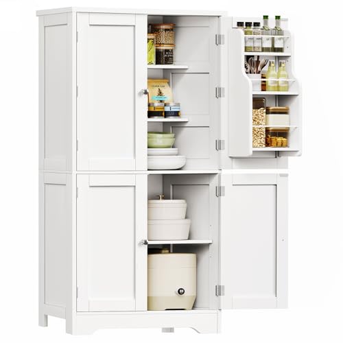Image of TEENFON 51 inch H Pantry Cabinet with 4 Doors, Kitchen Cabinet with 6 Door Shelves, Storage Cabinet for Living Room, Dining Room, Bathroom, White