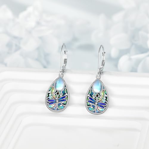 Dragonfly Earrings for Women 925 Sterling Silver Teardrop Leverback Moonstone Earrings Abalone Dangle Earrings Dragonfly Jewelry3